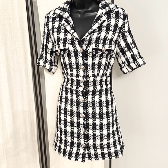 Maje Ricky Tweed Black White Houndstooth Mini Collar Shirt Mini Dress 36 - Picture 7 of 15